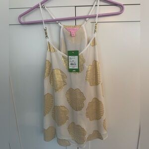NWT Lilly Pulitzer Cream Cami Dusk Top  with Metallic Gold Shell Print in XS